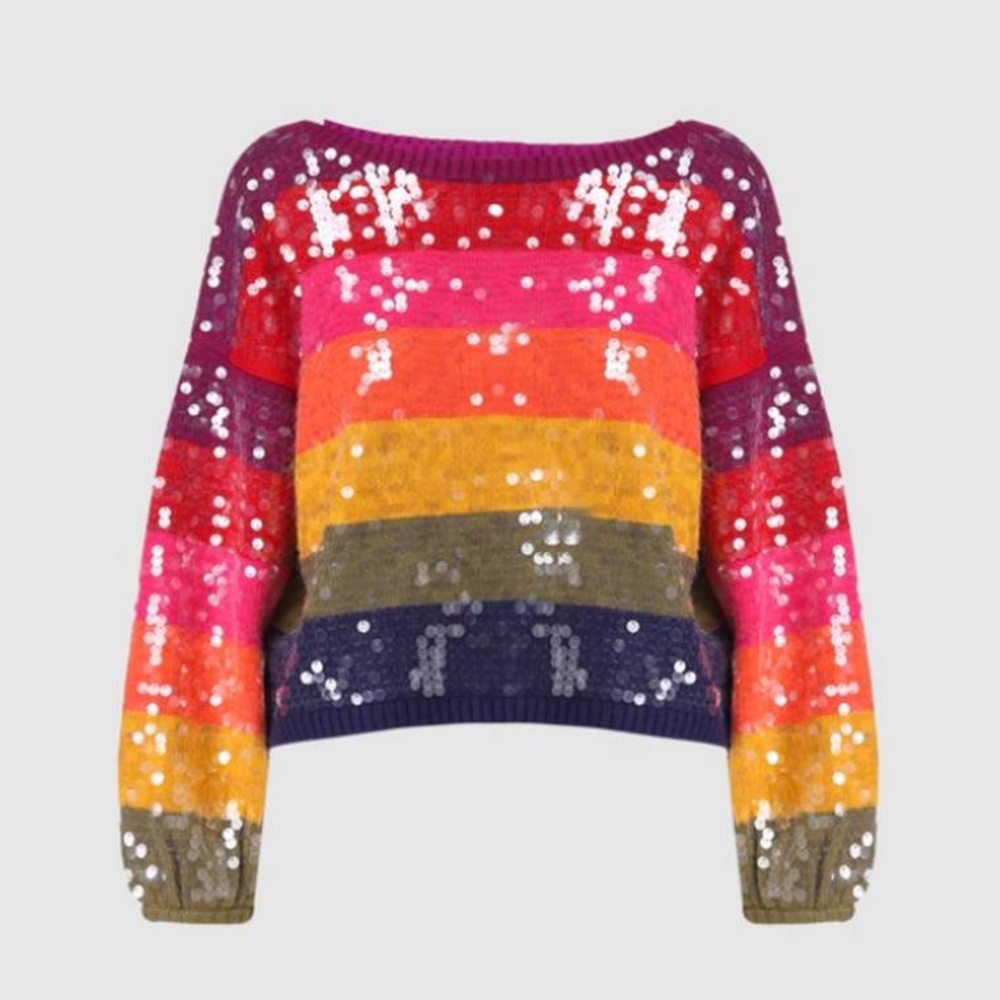 Farm Rio Rainbow Stripe Sequin Sweater
